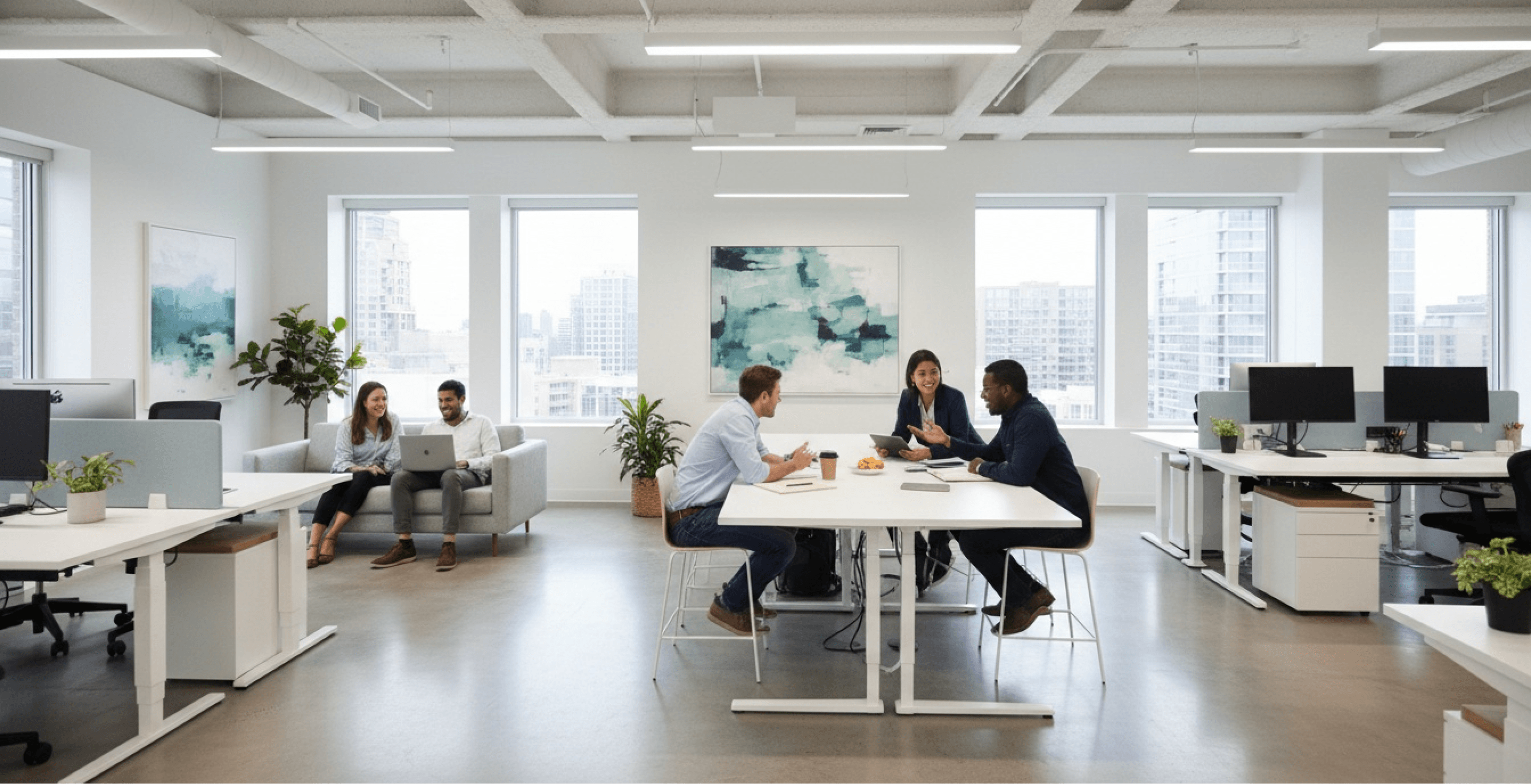 Diverse team collaborating in a bright, modern office